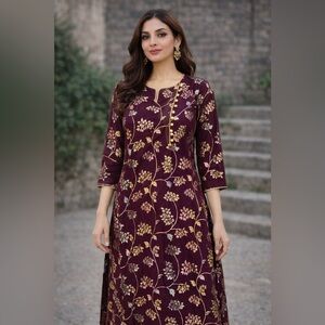 New Purple-Burgundy Floral Kurta XL – Gold & Silver Print, Elegant Ethnic Wear